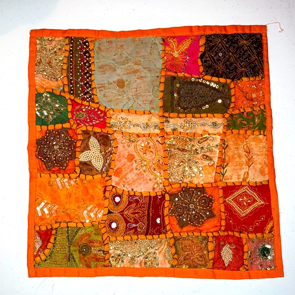 ANTHRO Gorgeous handmade beaded Patchwork orange pillow cover 16” x 16” BOHEMIAN